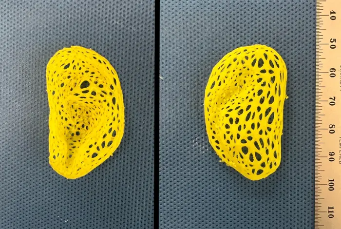Pictured is the intricate, left-ear plastic scaffold that was created on a 3D printer based on data from a person’s ear, anterior view (left) and posterior view (right).