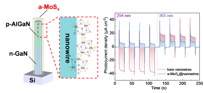 III-nitride/MoSx core-shell nanowire architecture and corresponding spectrally distinctive photodetection behavior.