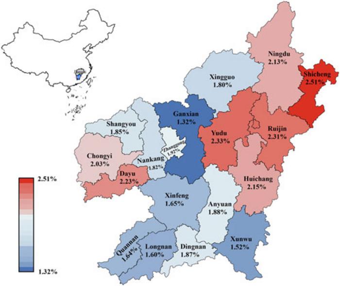 FIGURE 2. Distribution of the prevalence of α-globin gene triplication in different regions of Ganzhou city