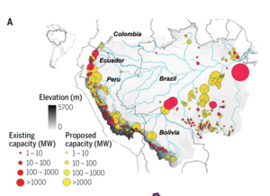 Existing and proposed hydropower dams in the Amazon basin