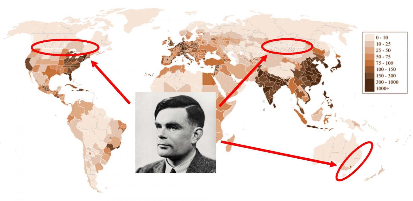 Alan Turing's theory of pattern formation may explain human population distribution across the world