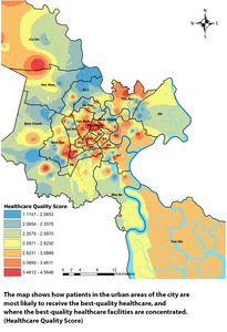 The map shows how patients in the urban areas of the city are most likely to receive the best-quality healthcare, and where the best-quality healthcare facilities are concentrated.