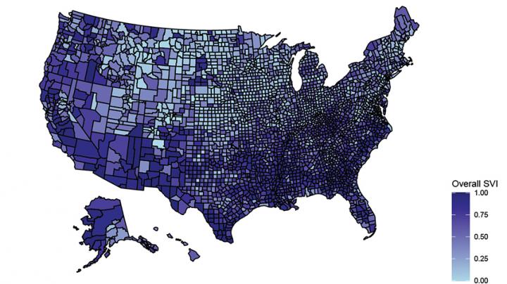 Social vulnerability index score, by county