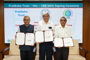 Mr Kris Gopalakrishnan (Pratiksha Trust), Prof G Rangarajan (IISc), Prof Y Narahari (CBR) at the MoU signing on 15 Feb 2023