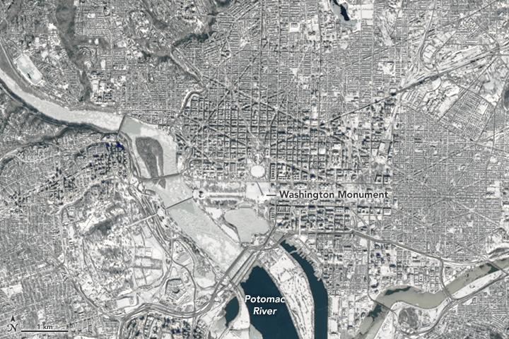 Landsat 8 image of snow-covered Virginia, Maryland, and Washington, D.C.