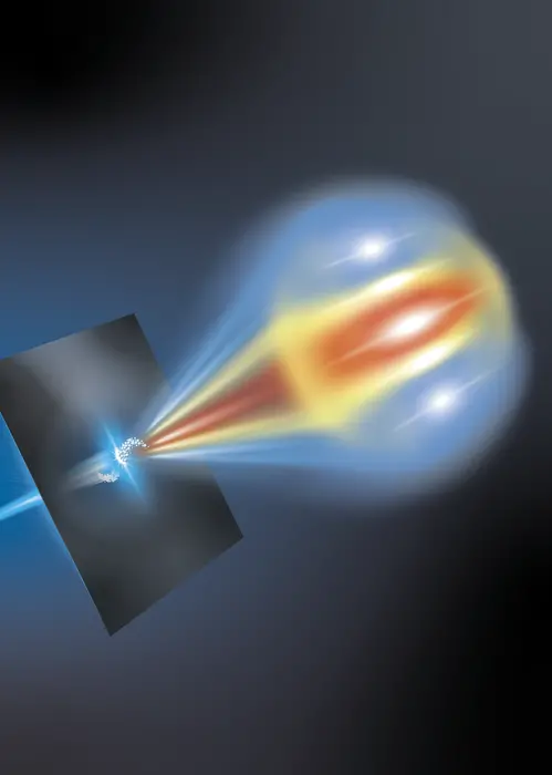 A structured beam of electron beamlets passes through a metallic foil from left to right creating coherent optical transition radiation.