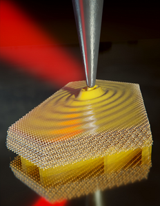 Artistic illustration of in-plane elliptical acoustic THz plasmon polaritons propagating along a thin Ag2Te platelet above an Au mirror, excited and probed by a sharp THz-illuminated metal tip (Credit: Scixel. Copyright: CIC nanoGUNE).