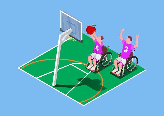 Two para-athletes playing basketball with an apple
