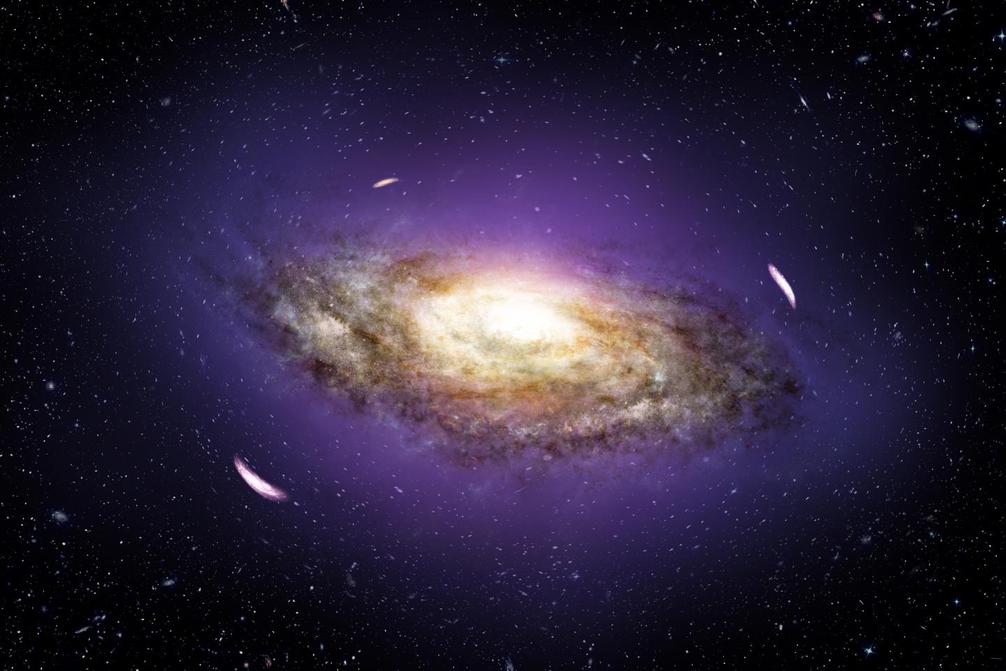 Artist's impression of a galaxy surrounded by gravitational distortions due to dark matter