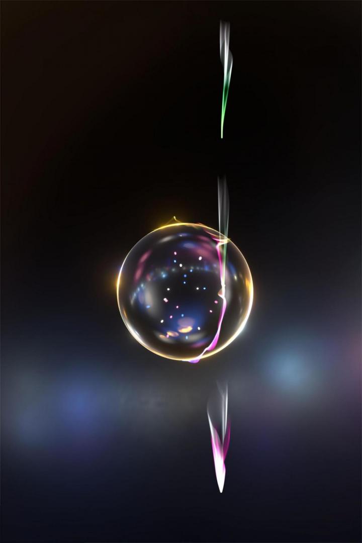 artists impression of electrons, light and a transparent silica sphere on a dark background