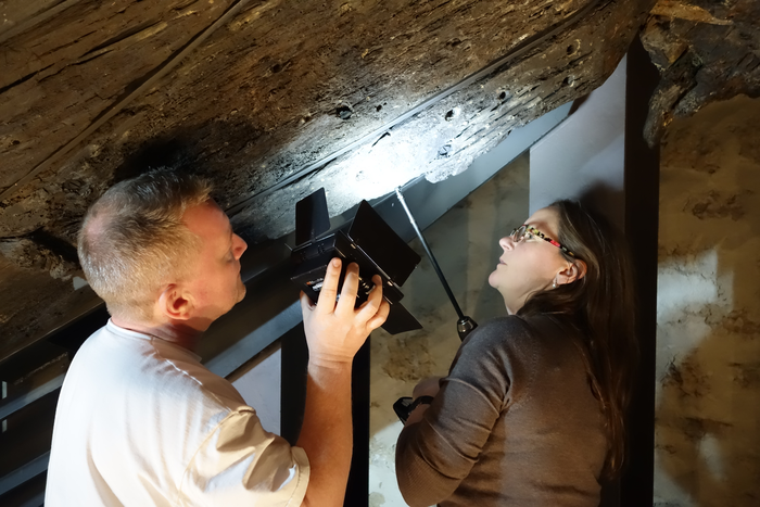 Aoife Daly extracting a dendrochronology or tree-ring sample from the Batavia ship’s