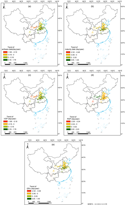Spatial patterns of trends of phenological dates and growth periods from 2000 to 2015.