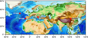 Locations of four centennial-resolved terrestrial and marine records