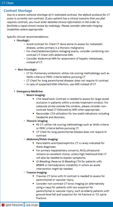 EHR screenshot showing sidebar text displayed to referring clinicians after placing orders for body CT