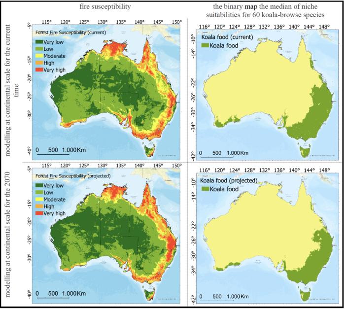 Fig. 3. Wildfire susceptibility index based on modelling at the continental scale and the location of koala-browse species for the present and projected for 2070.