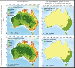 Fig. 3. Wildfire susceptibility index based on modelling at the continental scale and the location of koala-browse species for the present and projected for 2070.