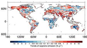 Spatial distribution of isoprene emission trends