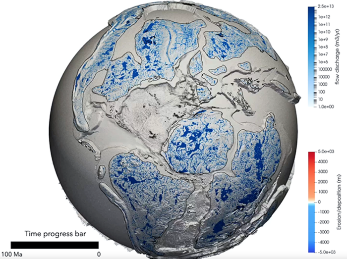Animation of landscape dynamics model over past 100 million years