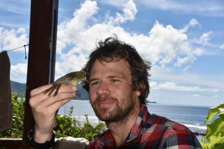 Biologist Martijn Hammers during fieldwork on Cousin