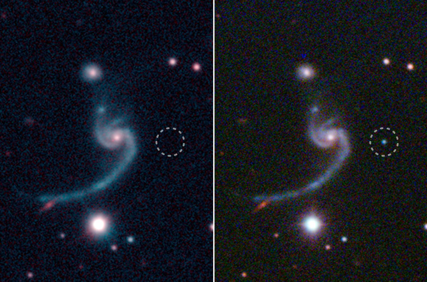 超新星 iPTF14gqr の出現前と出現後の画像