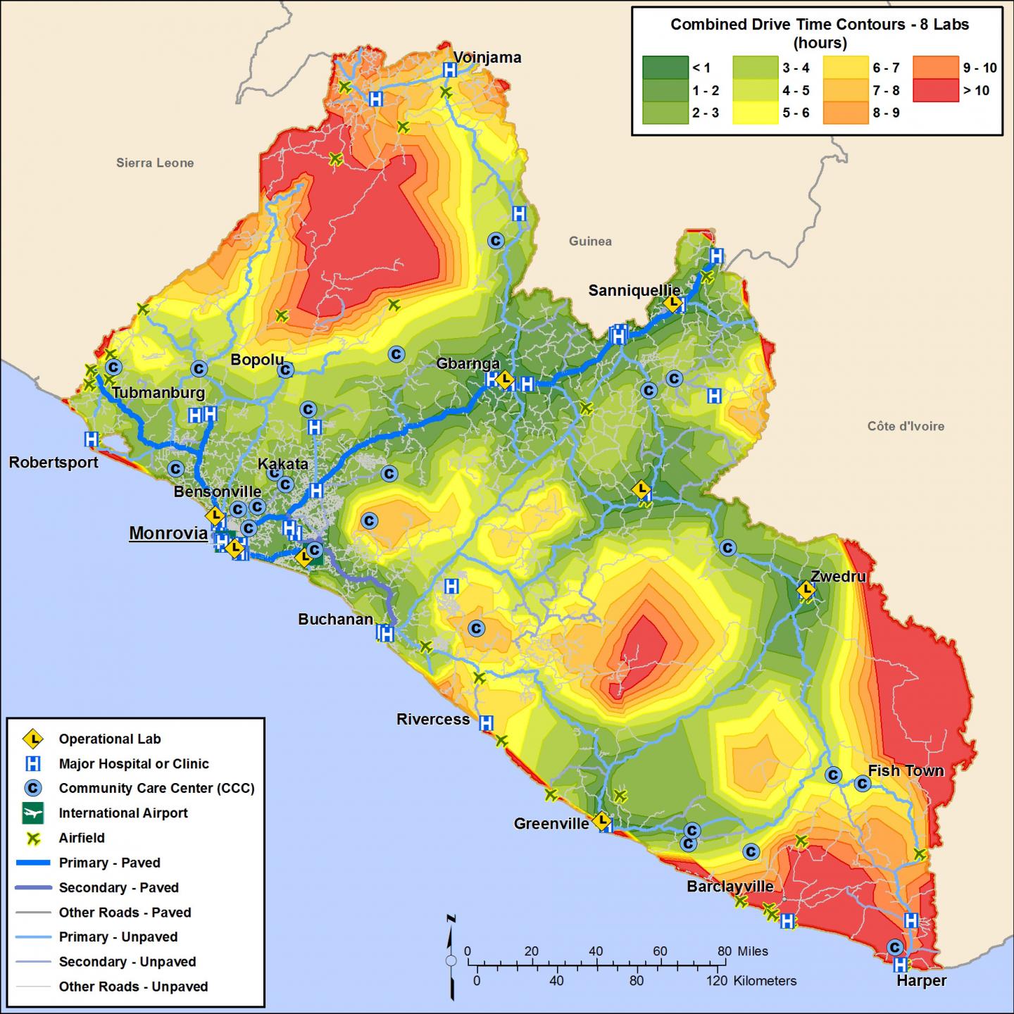 Model of Ebola Treatment Units, Diagnostic Labs, Routes and Drive Times