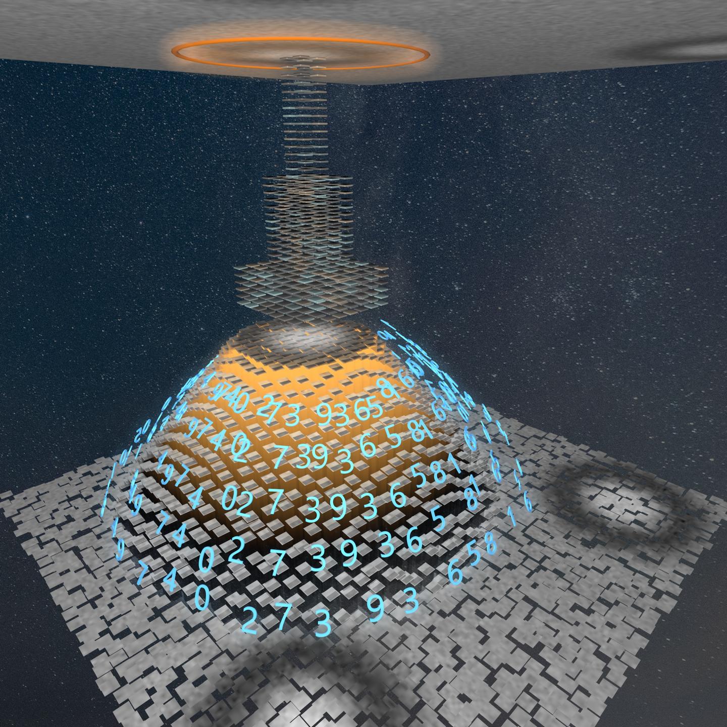 The image shows how a neural network is used to retrieve interesting information from a microscope image