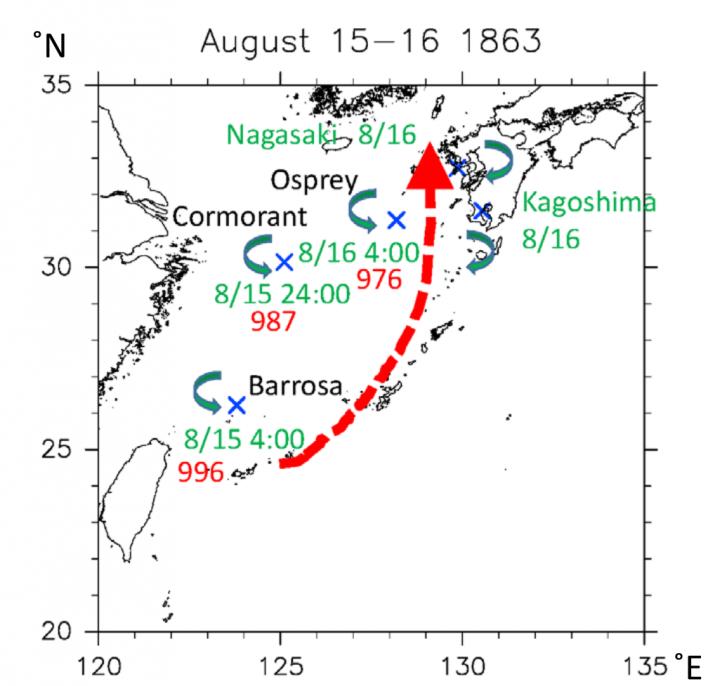 Estimated TC track during 15-16 August 1863