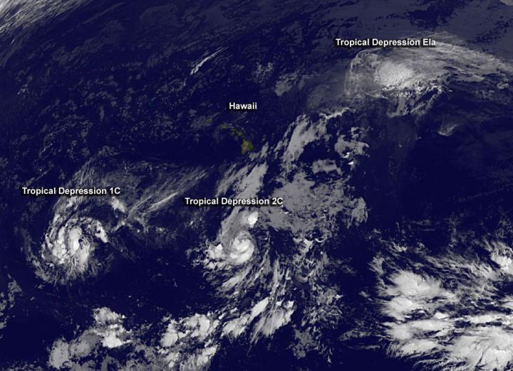GOES-West Image of Tropical Depressions 1C, 2C, and Ela