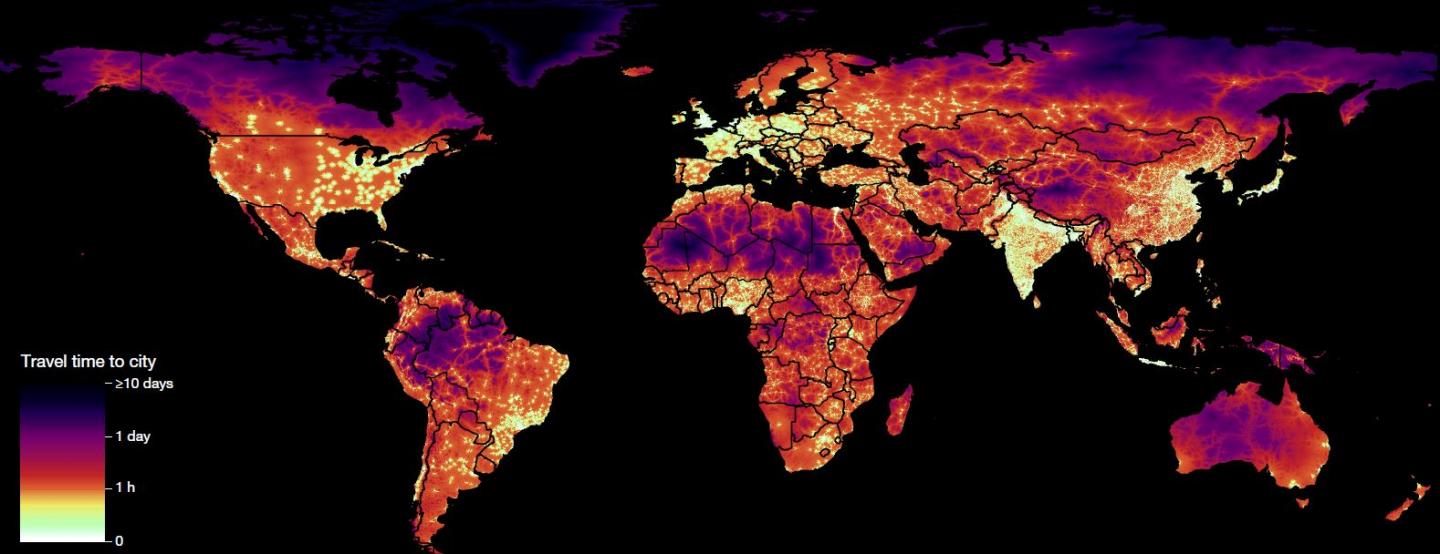 Global Map of Travel Time to Cities for 2015