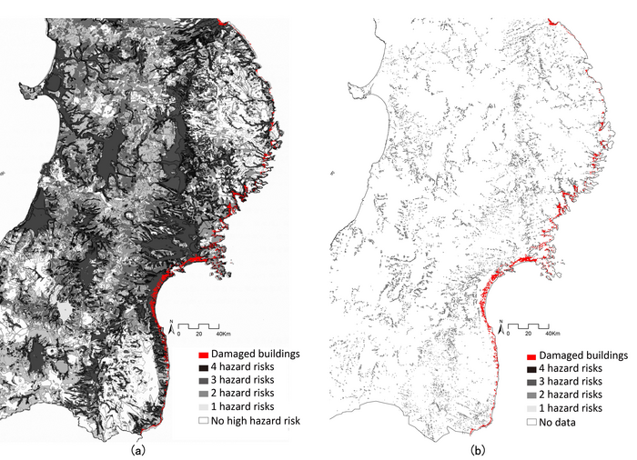 Map overlay of damaged buildings in 2011 with (a) the 1980 JNLA risk map, and (b) the 2019 MLIT risk map