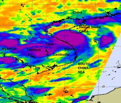NASA AIRS Infrared Image of Tropical Storm Mindulle's Extensive Cold Clouds