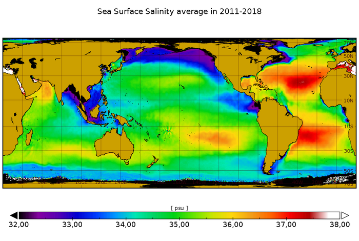 The figure shows the average sea surface salinity of the world's seas and oceans in the period 2011-2018 / ICM-CSIC.