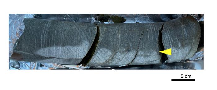 Drill core sample with opened fractures.