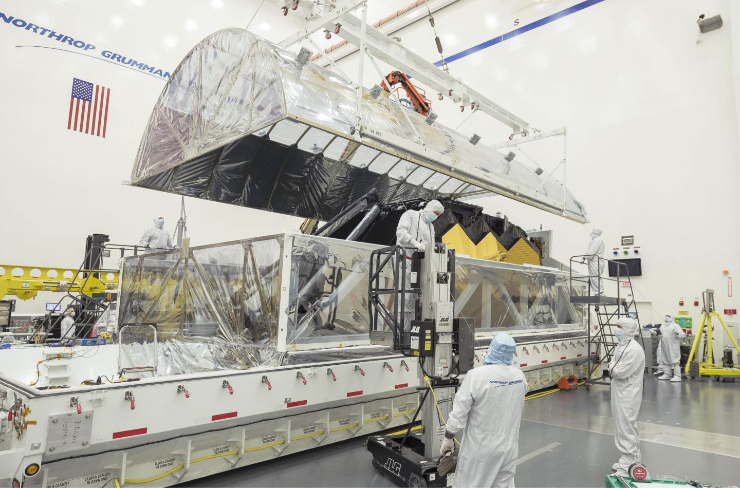 Engineers Open the Interior Tent Frame of the Space Telescope Transporter