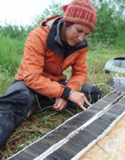 Female Graduate Student Examines Lake Sediment Core from Southern Alaska