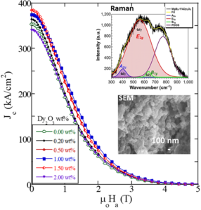 Plot of critical current density vs. magnetic field of MgB2 bulks with Dy2O3 doping. (Inset) Raman spectroscopy and nanometer-sized MgB2 grains.