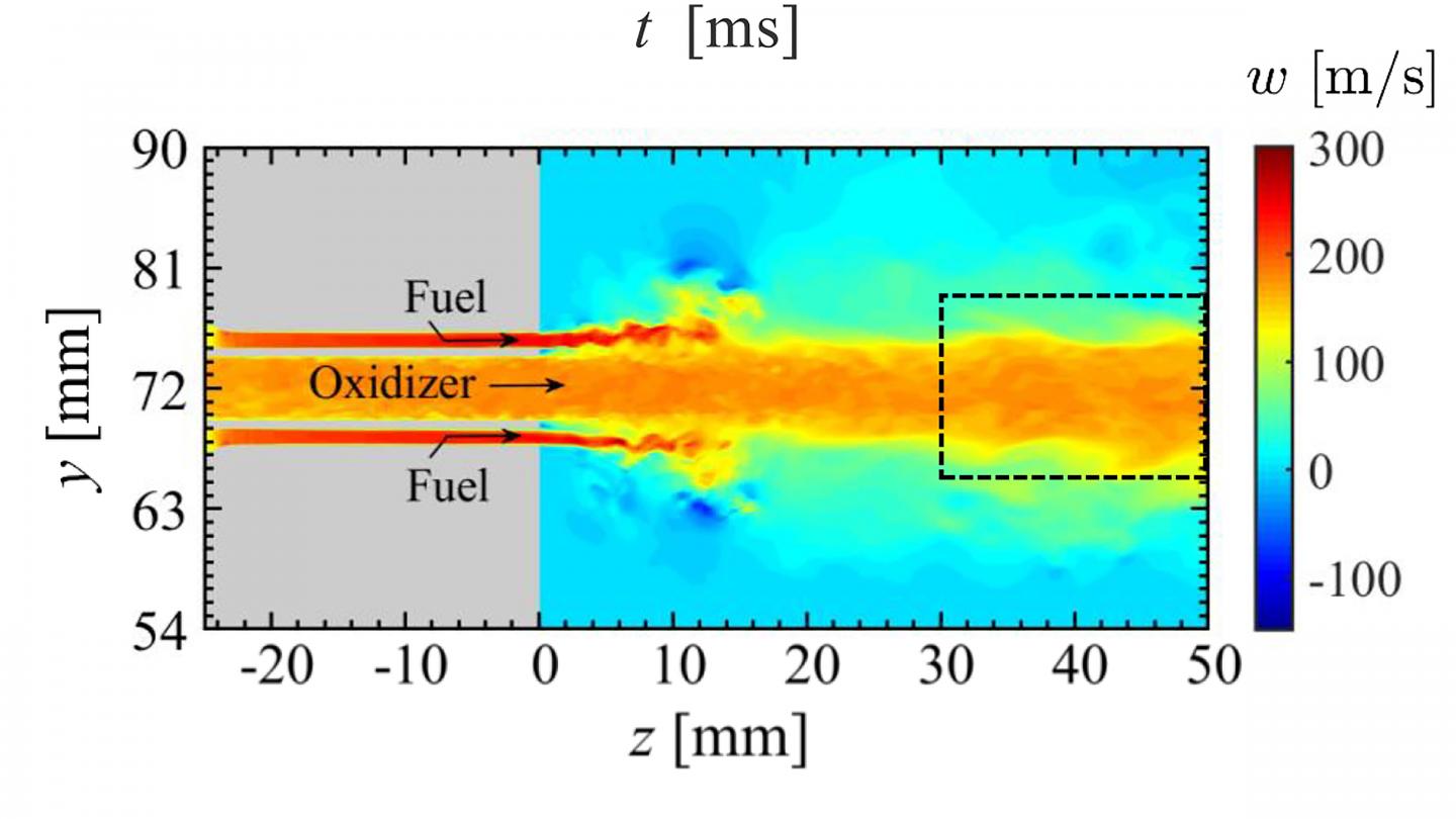 Combustion chamber during combustion oscillations in a model rocket engine