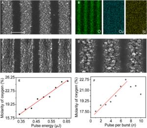 Fig. 4. (A, C, and D) SEM images of LIPSS. (B) Two-dimensional EDX maps of the elements of oxygen, copper, and silicon.