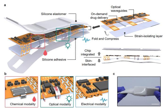 Schematic diagram of a wireless, skin-contact system that simultaneously measures biosignals and delivers drugs