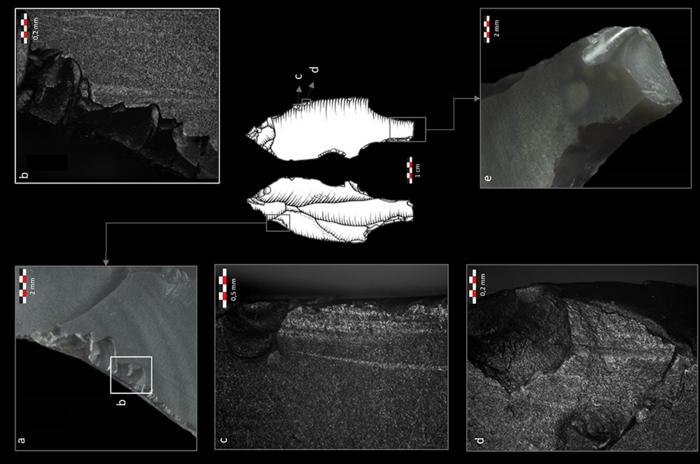 Combination of impact traces on an archaeological artefact that could be identified as a spearthrower dart thanks to the experiments.