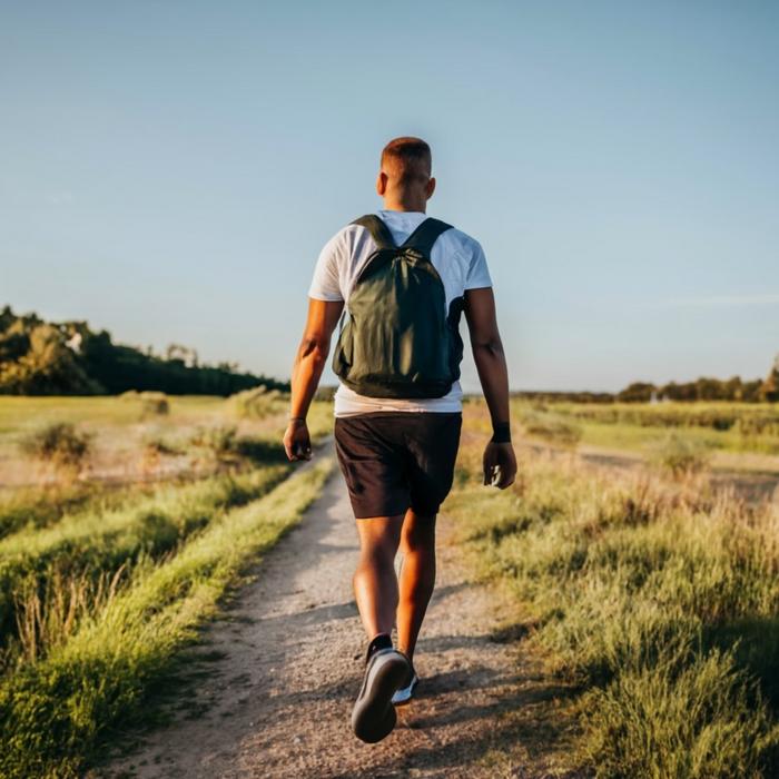 person on his back wearing sports clothing walking through a park