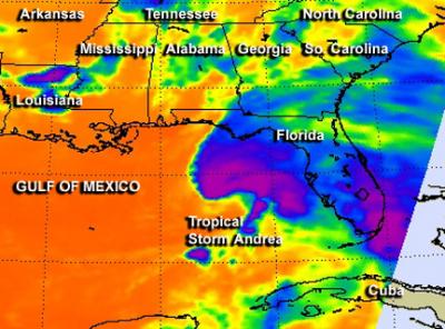 NASA Infrared Image of the Temperatures of Tropical Storm Andrea's Cloud Tops