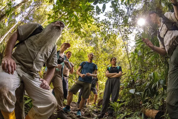 Citizen scientists, students, and researchers in the rainforest