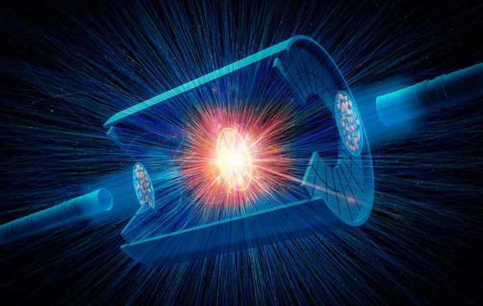 particle tracks streaming from a collision of two uranium nuclei