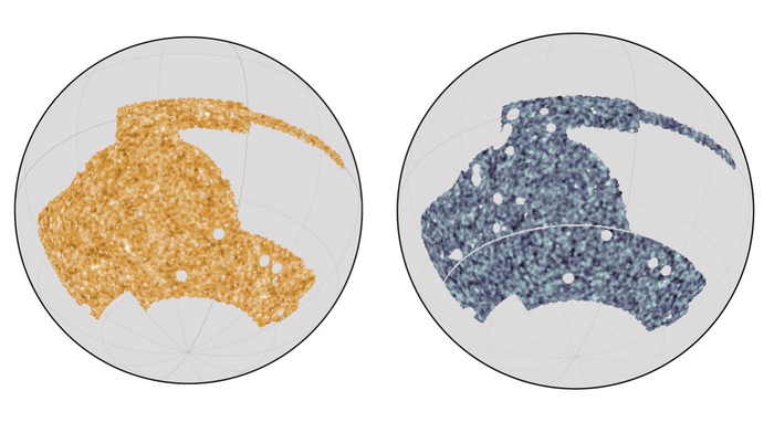 Maps of the sky from the Dark Energy Survey telescope (at left) and the South Pole Telescope