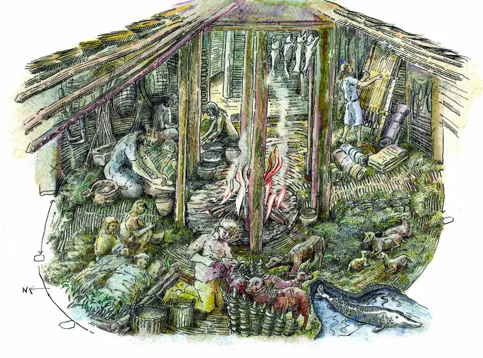 Illustration of domestic life inside one of the roundhouses