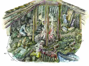 Illustration of domestic life inside one of the roundhouses
