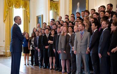President Barack Obama Talks with PECASE Recipients at the White House