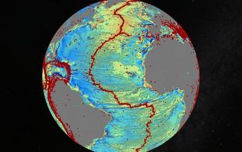 Map of the Gravity Model of the N. Atlantic with Red Dots Showing Earthquakes