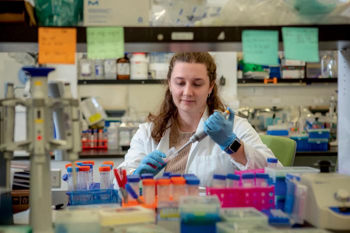 Kelsey Swingle in the lab working on a new drug to cure pre-eclampsia